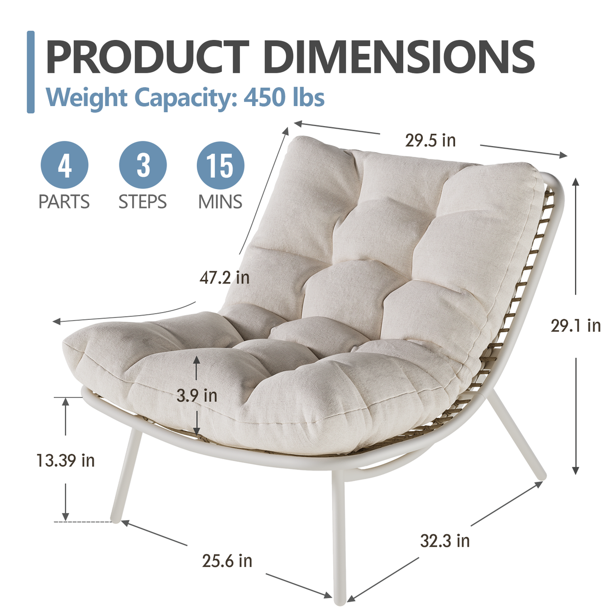 Wicker Papasan Lounge Chair, Outdoor Recliner with Cushion, Cream Indoor Oversized Egg Chair, Boho Comfy Patio Chaise Chair Low Seat Patio Chair for Porch, Balcony, Bedroom, Reading Nook