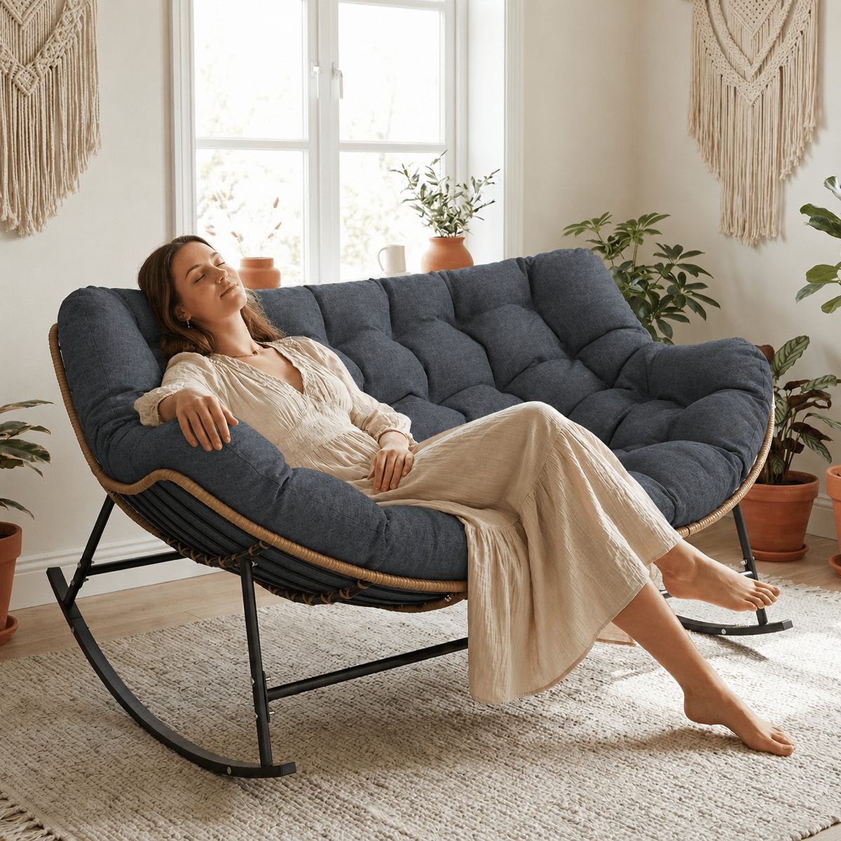 Double Outdoor Papasan Rocking Chair with Thick Cushion, Dark Grey Oversized 2-Person Rocking Loveseat with Plush Cushion, Outdoor Cozy Rocker Sofa for Patio, Porch or Balcony
