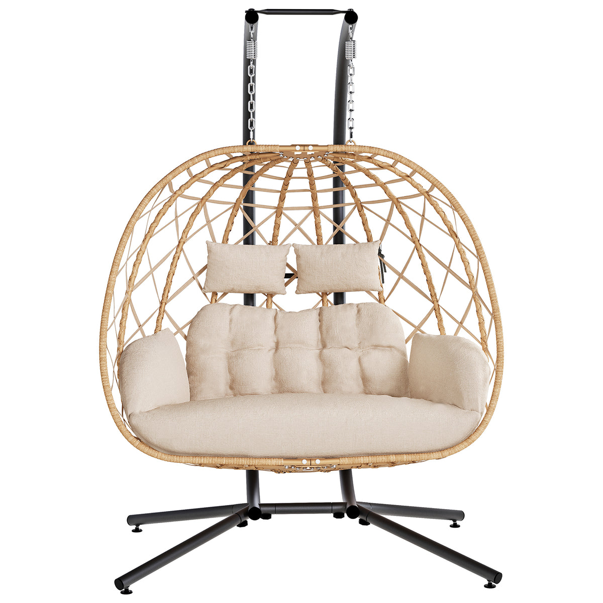 Outdoor Double Hanging Egg Swing Chair with Stand & Cushion, Beige 2 Person Wicker Swinging Egg Chair, Patio Loveseat for Porch Balcony Backyard, Indoor Hammock Chairs 650 LBS Capaticy