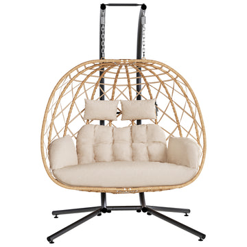 Outdoor Double Hanging Egg Swing Chair with Stand & Cushion, Beige 2 Person Wicker Swinging Egg Chair, Patio Loveseat for Porch Balcony Backyard, Indoor Hammock Chairs 650 LBS Capaticy