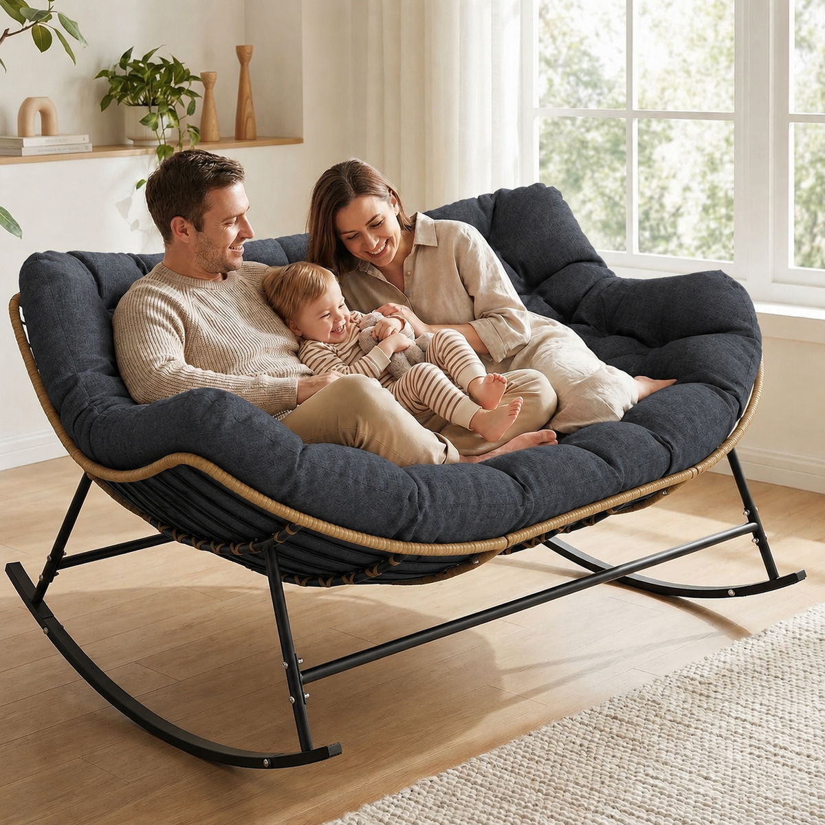 Double Outdoor Papasan Rocking Chair with Thick Cushion, Dark Grey Oversized 2-Person Rocking Loveseat with Plush Cushion, Outdoor Cozy Rocker Sofa for Patio, Porch or Balcony