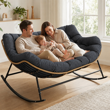 Double Outdoor Papasan Rocking Chair with Thick Cushion, Dark Grey Oversized 2-Person Rocking Loveseat with Plush Cushion, Outdoor Cozy Rocker Sofa for Patio, Porch or Balcony