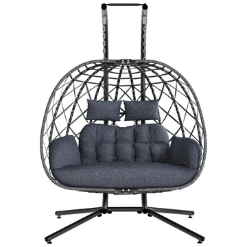 Outdoor Double Hanging Egg Swing Chair with Stand & Cushion, Grey 2 Person Wicker Swinging Egg Chair, Patio Loveseat for Porch Balcony Backyard, Indoor Hammock Chairs 650 LBS Capaticy