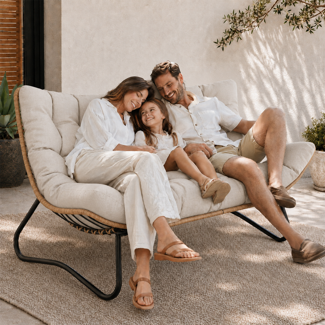 Outdoor Patio Loveseat, Double Papasan Chair with Cushion, Khaki All-Weather PE Wicker Outdoor Sofa, Boho 2 Seat Patio Couch with 700LBS Capacity for Balcony, Porch, Deck and Backyard