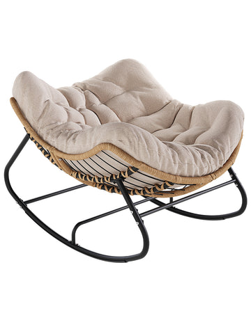 Papasan Rocking Chair, Outdoor Wicker Egg Rocker with Cushion, Ivory Oversized Modern Wicker Lounge Rocker with Comfy Cushion, Cozy Egg Chair Steel Frame for Patio, Porch,or Indoor Reading Nook