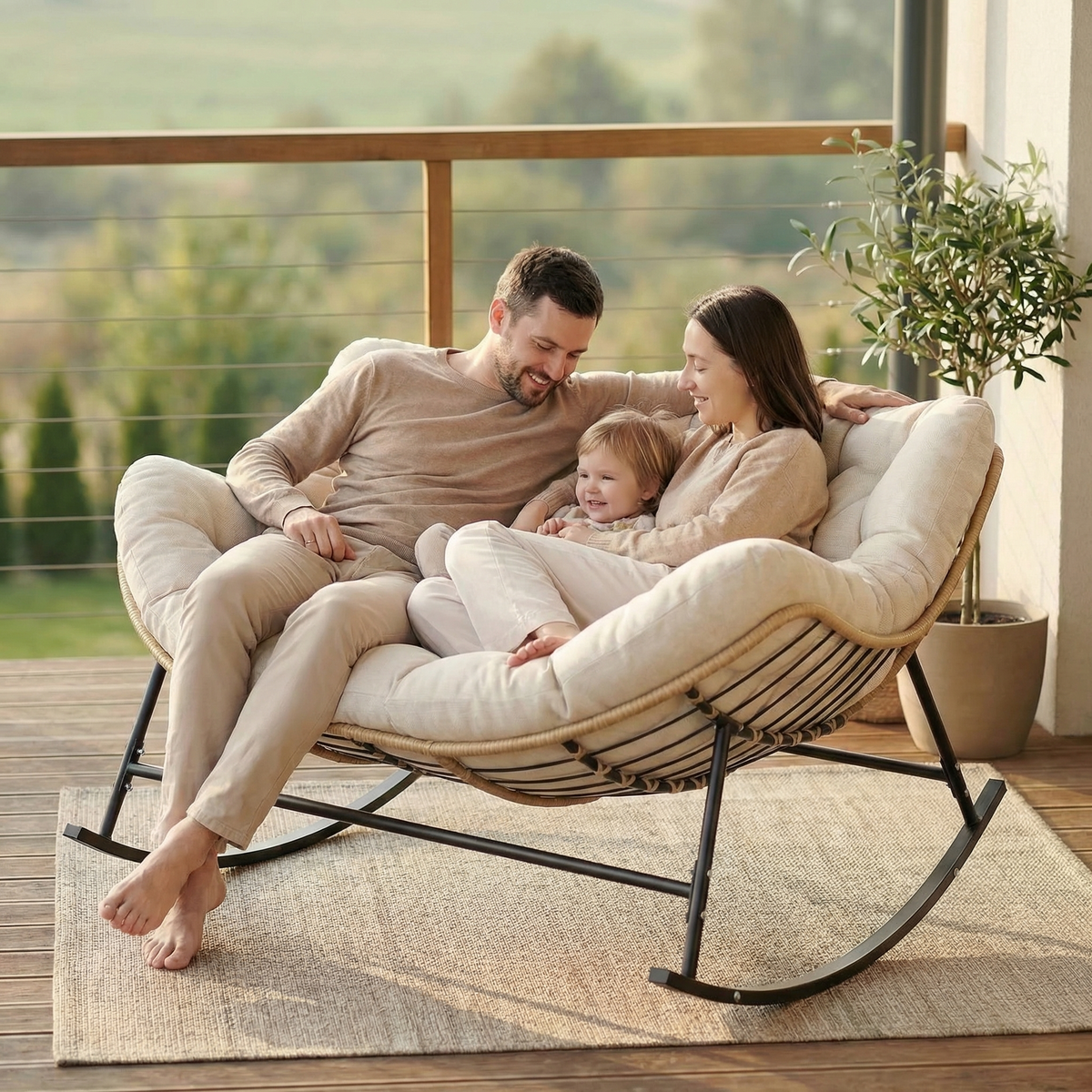 Double Outdoor Papasan Rocking Chair with Thick Cushion, Khaki Oversized 2-Person Rocking Loveseat with Plush Cushion, Outdoor Cozy Rocker Sofa for Patio, Porch or Balcony