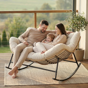 Double Outdoor Papasan Rocking Chair with Thick Cushion, Khaki Oversized 2-Person Rocking Loveseat with Plush Cushion, Outdoor Cozy Rocker Sofa for Patio, Porch or Balcony