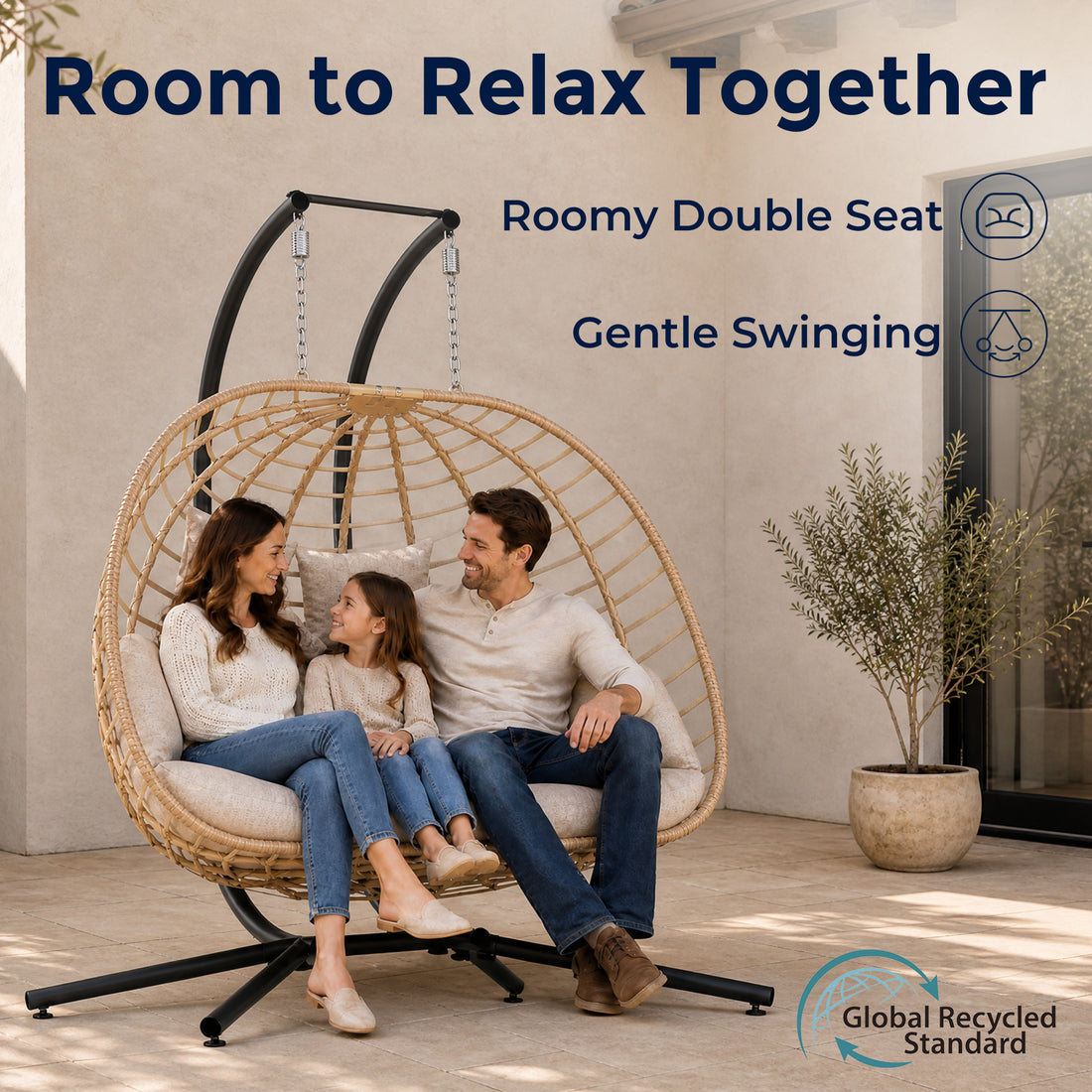 Double Egg Chair Outdoor with Stand, Patio Hanging Swing, Beige Indoor 2 Person Egg Swinging with Cushion, Wicker Loveseat for Porch Balcony Backyard, Cozy Hammock Chairs 680 LBS Capaticy