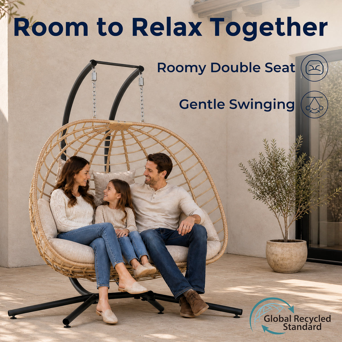 Double Egg Chair Outdoor with Stand, Patio Hanging Swing, Beige Indoor 2 Person Egg Swinging with Cushion, Wicker Loveseat for Porch Balcony Backyard, Cozy Hammock Chairs 680 LBS Capaticy