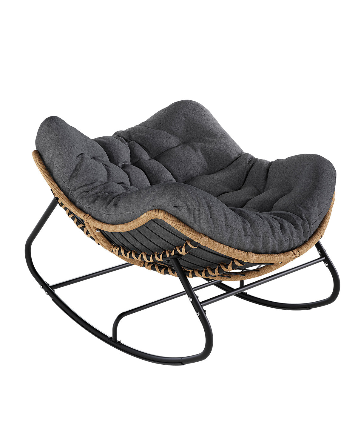 Papasan Rocking Chair, Outdoor Wicker Egg Rocker with Cushion, Grey Comfy Oversized Reading Chair, Cozy 30°-Rock Bed with 6" Cushion, Steel Frame 450LBS Capacity for Patio Porch Lawn