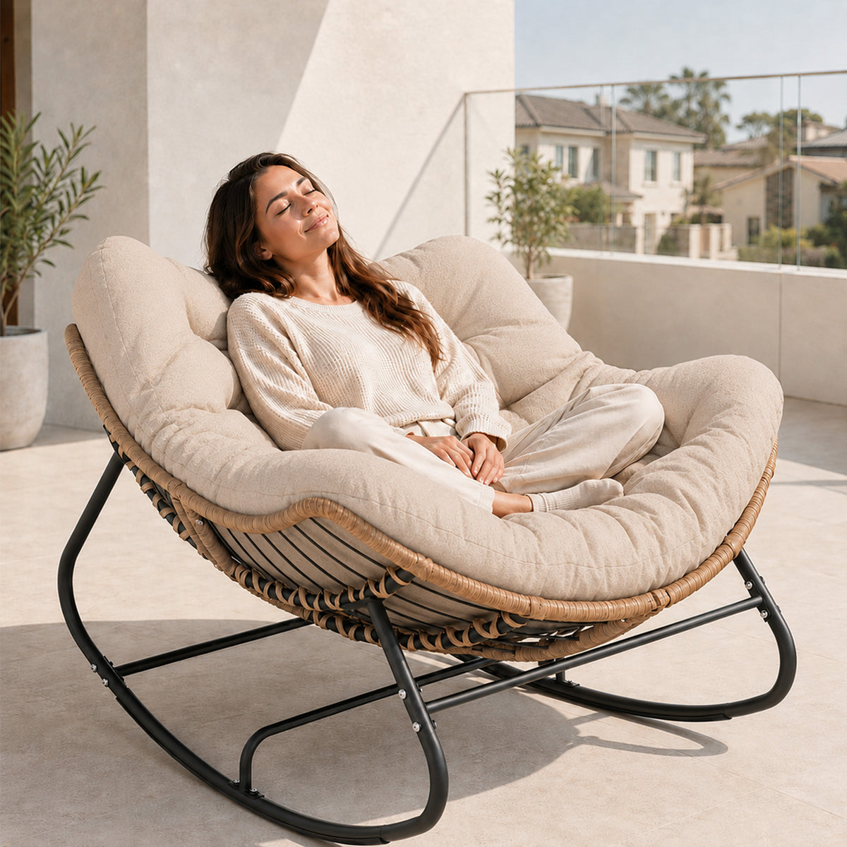 Papasan Rocking Chair, Outdoor Wicker Egg Rocker with Cushion, Ivory Oversized Modern Wicker Lounge Rocker with Comfy Cushion, Cozy Egg Chair Steel Frame for Patio, Porch,or Indoor Reading Nook