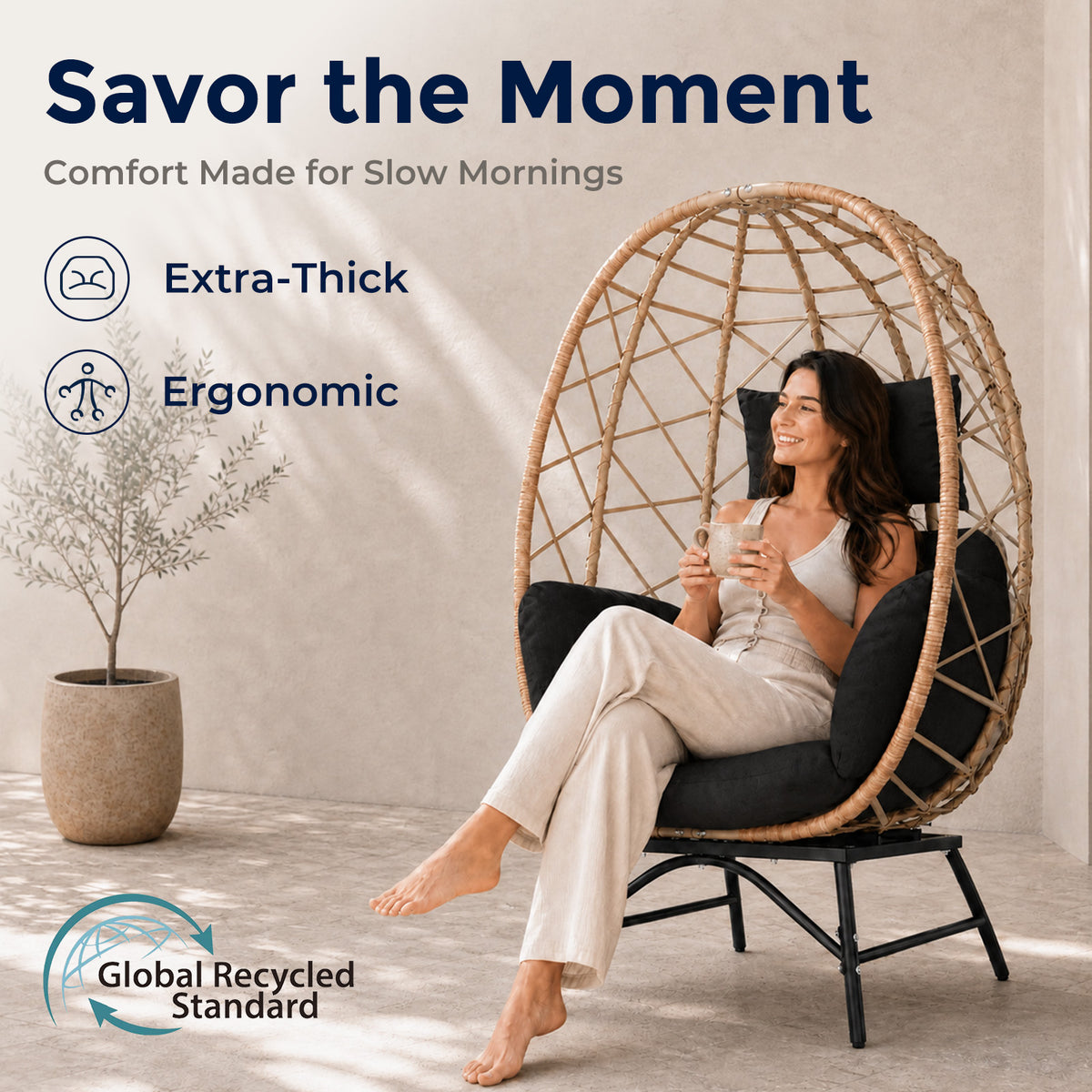 Outdoor Wicker Egg Chair with Cushion, Patio Lounge Chair, Black Oversized Boho Rattan Sun Lounger, Comfy Reclining Lounge for Balcony, Porch, Backyard & Indoor Bedroom, 480 LBS Capacity