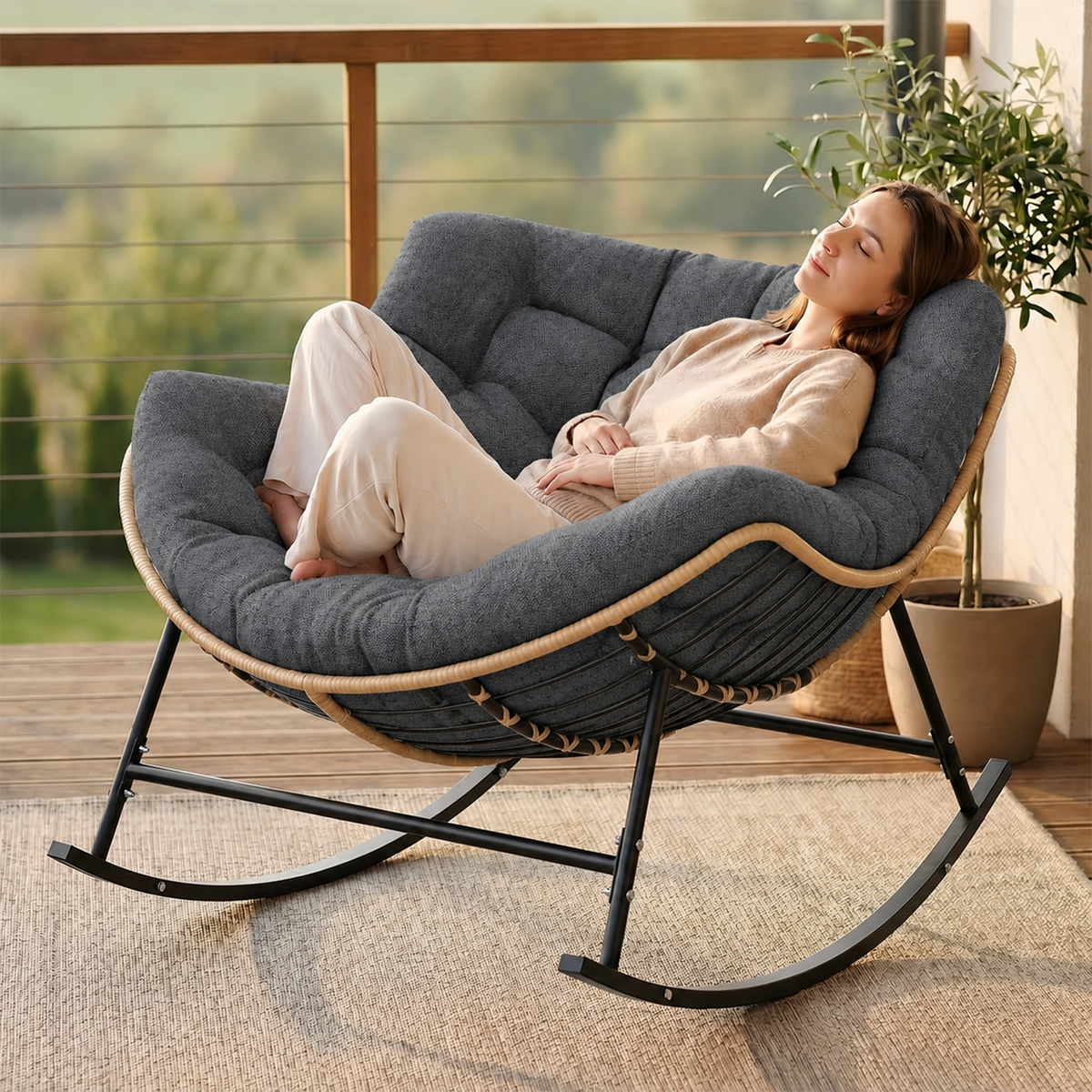 Outdoor Papasan Rocking Chair with Thick Cushion, Dark Grey Oversized Wicker Lounge Rocker with Comfy Cushion, Zero-Pressure Square Steel Frame for Patio, Porch or Indoor Relaxation