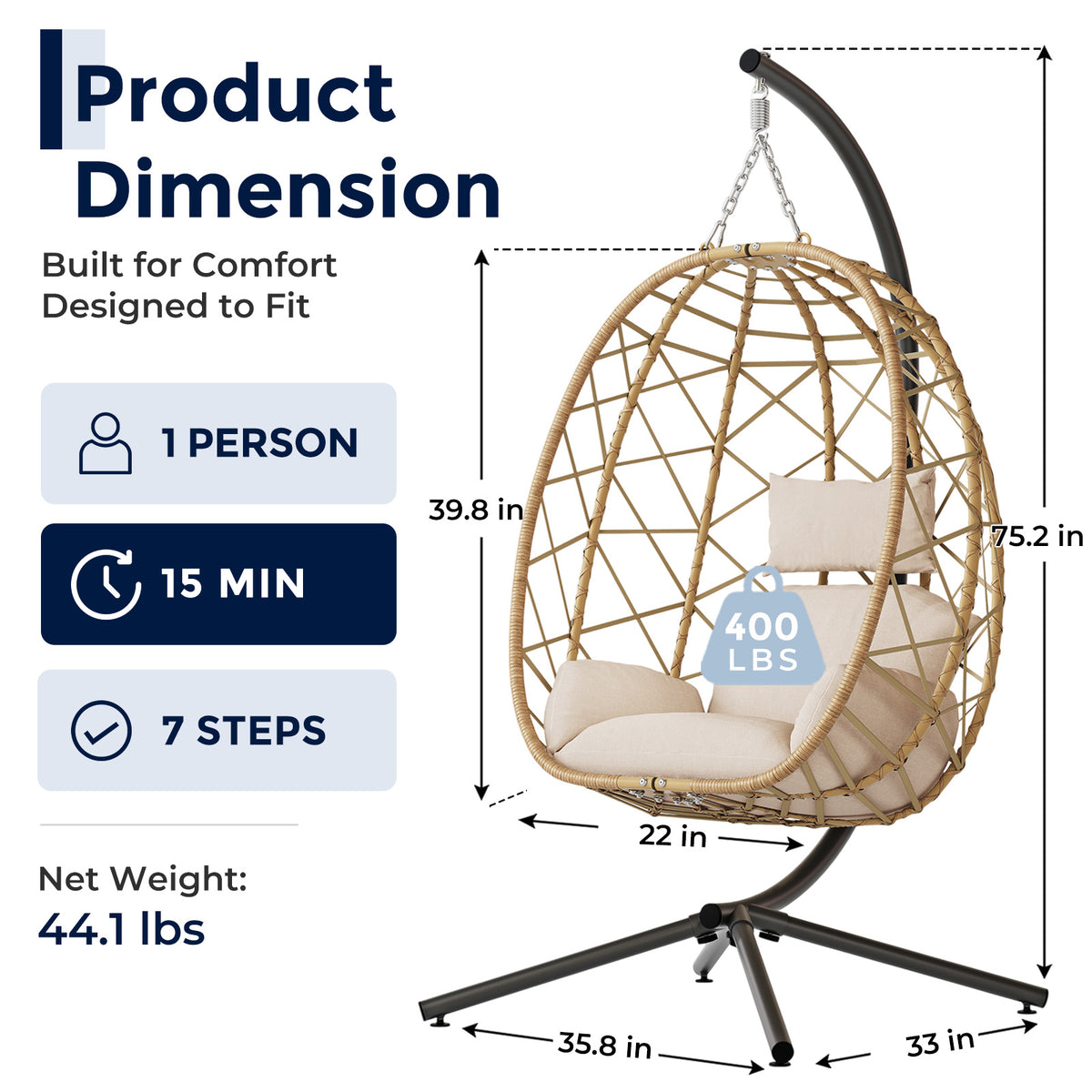 Outdoor Hanging Egg Chair with Stand, Wicker Patio Swing, Cream Indoor Comfy Swinging Chair with Cushion, 400 LBS Capacity, Heavy Duty Egg Shaped Hammock Chairs for Outside Porch, Bedroom