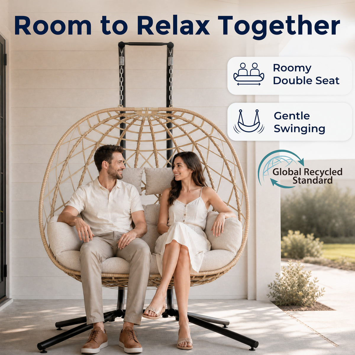 Outdoor Double Hanging Egg Swing Chair with Stand & Cushion, Beige 2 Person Wicker Swinging Egg Chair, Patio Loveseat for Porch Balcony Backyard, Indoor Hammock Chairs 650 LBS Capaticy