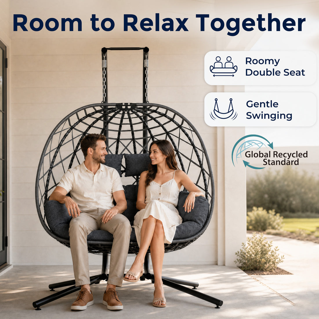 Outdoor Double Hanging Egg Swing Chair with Stand & Cushion, Grey 2 Person Wicker Swinging Egg Chair, Patio Loveseat for Porch Balcony Backyard, Indoor Hammock Chairs 650 LBS Capaticy