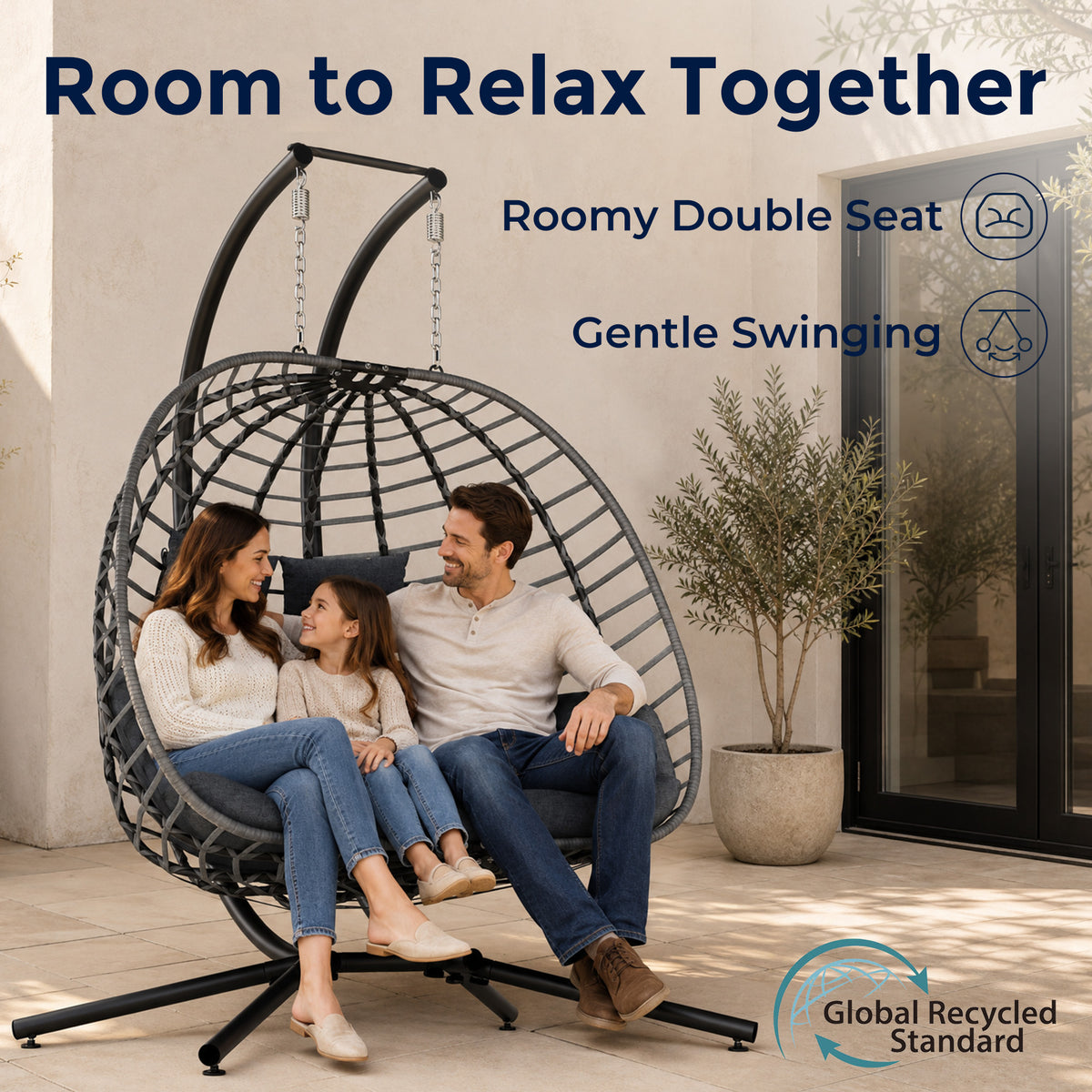 Double Egg Chair Outdoor with Stand, Patio Hanging Swing, Grey Indoor 2 Person Egg Swinging with Cushion, Wicker Loveseat for Porch Balcony Backyard, Cozy Hammock Chairs 680 LBS Capaticy