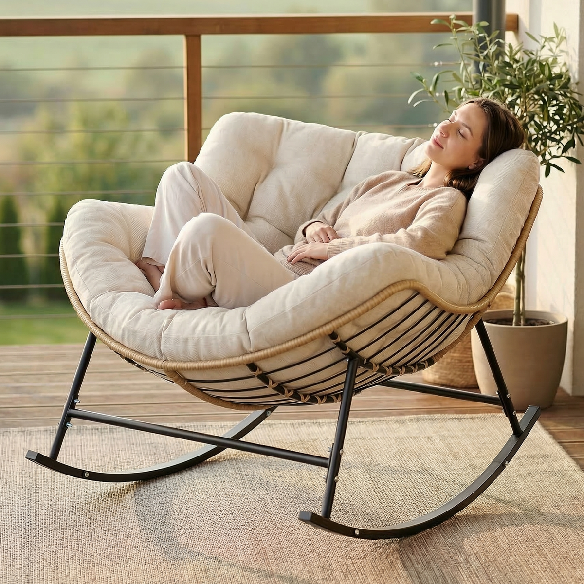 Outdoor Papasan Rocking Chair with Thick Cushion, Cream Oversized Wicker Lounge Rocker with Comfy Cushion, Zero-Pressure Square Steel Frame for Patio, Porch or Indoor Relaxation