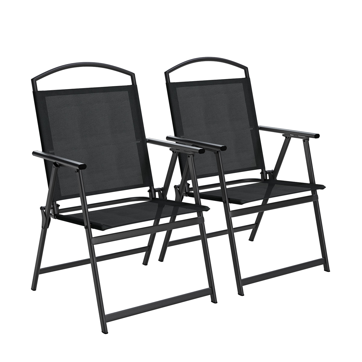 Outdoor Patio Chairs Set of 2, Folding Lawn Chairs, Black Foldable Lightweight Dining Chairs with Armrests & Back Support, Breathable Textilene & Metal Frame for Deck, Lawn, Camping