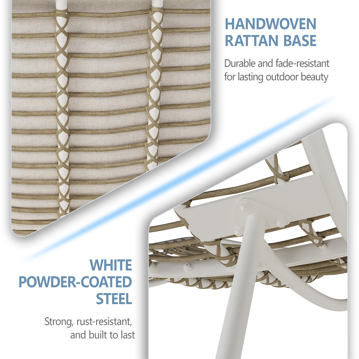 Wicker Papasan Lounge Chair, Outdoor Recliner with Cushion, Cream Indoor Oversized Egg Chair, Boho Comfy Patio Chaise Chair Low Seat Patio Chair for Porch, Balcony, Bedroom, Reading Nook