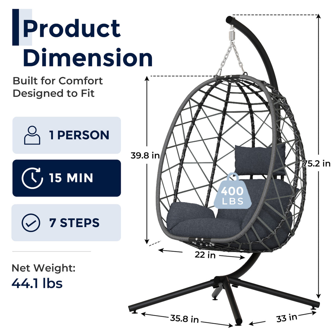 Hanging Egg Chair with Stand Outdoor, Wicker Patio Swing, Grey Indoor Comfy Swinging Chair with Cushion, 400 LBS Capacity, Heavy Duty Egg Shaped Hammock Chairs for Outside Porch, Bedroom