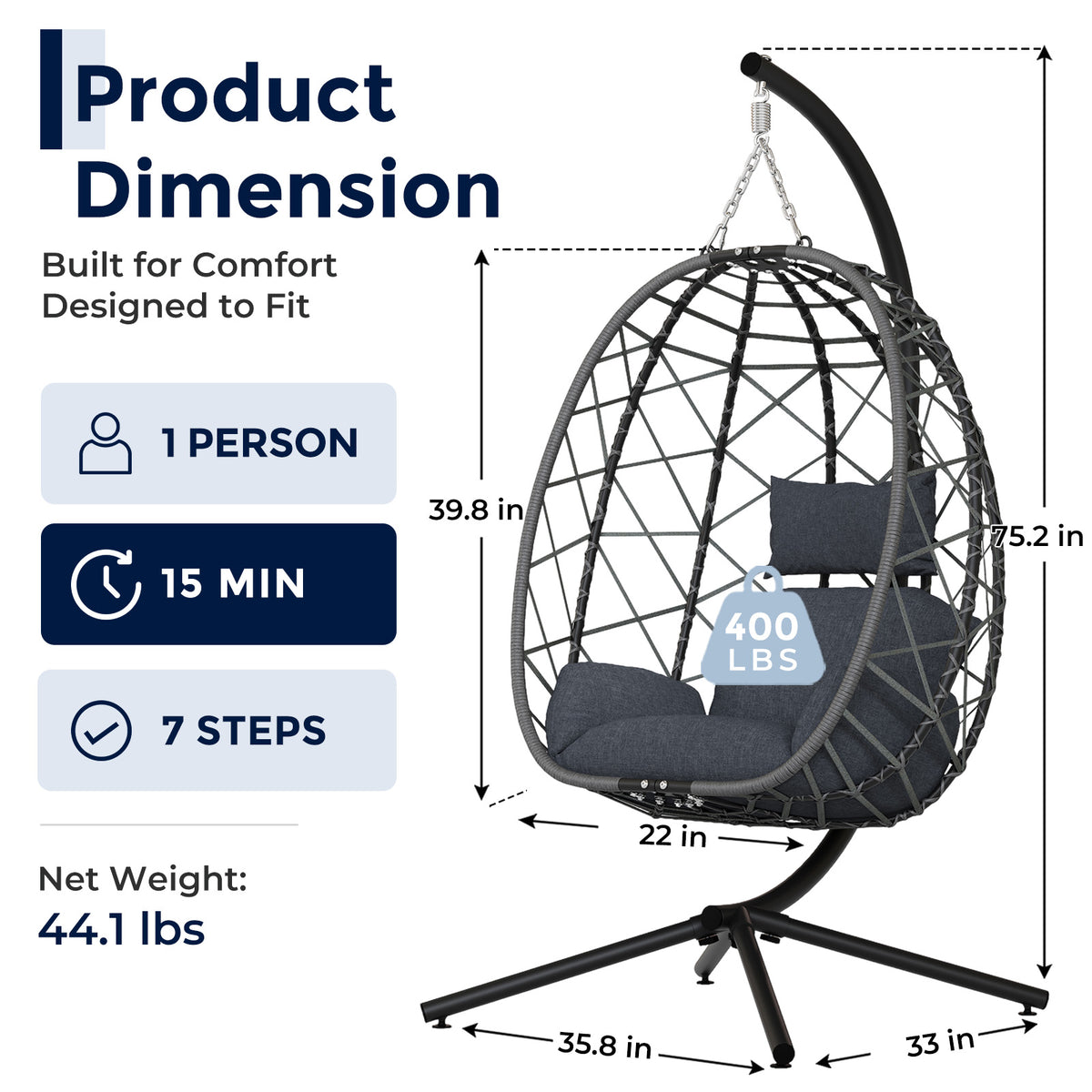 Hanging Egg Chair with Stand Outdoor, Wicker Patio Swing, Grey Indoor Comfy Swinging Chair with Cushion, 400 LBS Capacity, Heavy Duty Egg Shaped Hammock Chairs for Outside Porch, Bedroom