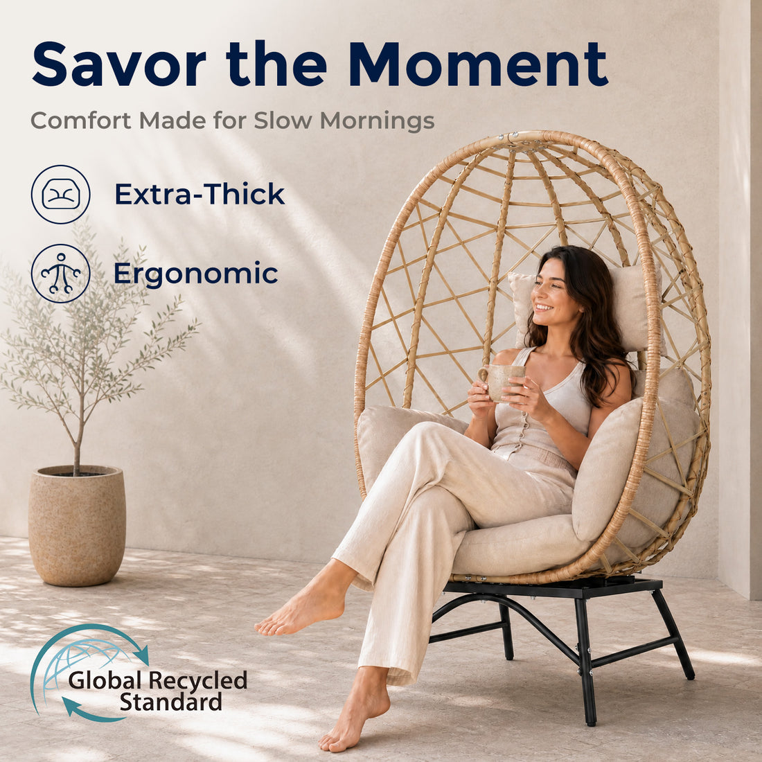 Outdoor Wicker Egg Chair with Cushion, Patio Lounge Chair, Beige Oversized Boho Rattan Sun Lounger, Comfy Reclining Lounge for Balcony, Porch, Backyard & Indoor Bedroom, 480 LBS Capacity
