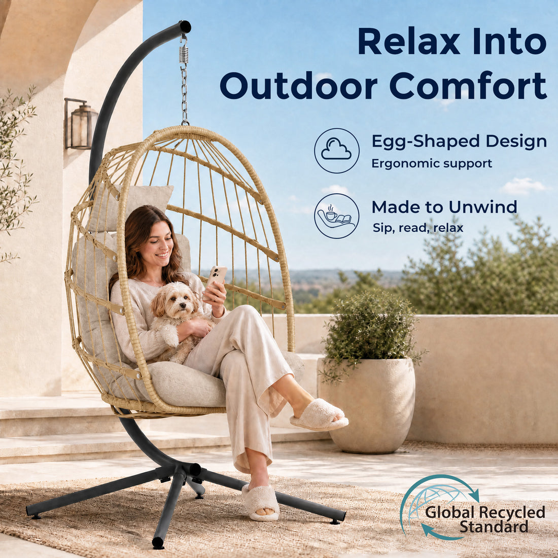 Egg Chair Outdoor with Stand, Indoor Wicker Hanging Egg Swing, Cream Patio Swinging Chair with Thick Cushion, Egg Shaped Swing for Bedroom Porch Balcony, Rattan Hammock Chairs 370 LBS Capacity