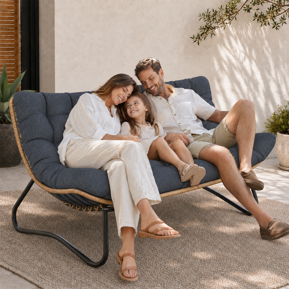 Outdoor Patio Loveseat, Double Papasan Chair with Cushion, Charcoal All-Weather PE Wicker Outdoor Sofa, Boho 2 Seat Patio Couch with 700LBS Capacity for Balcony, Porch, Deck and Backyard