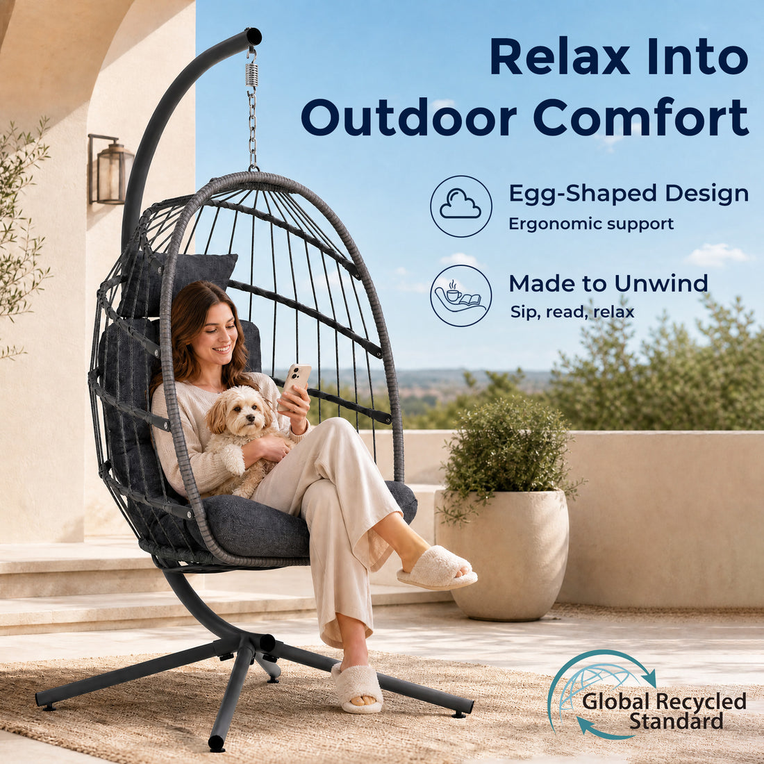 SWITTE Egg Chair Outdoor with Stand, Indoor Wicker Hanging Egg Swing, Grey Patio Swinging Chair with Thick Cushion, Egg Shaped Swing for Bedroom Porch Balcony, Rattan Hammock Chairs 370 LBS Capacity