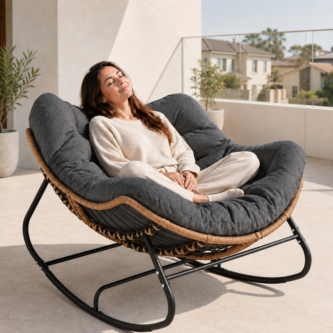 Papasan Rocking Chair, Outdoor Wicker Egg Rocker with Cushion, Grey Comfy Oversized Reading Chair, Cozy 30°-Rock Bed with 6" Cushion, Steel Frame 450LBS Capacity for Patio Porch Lawn