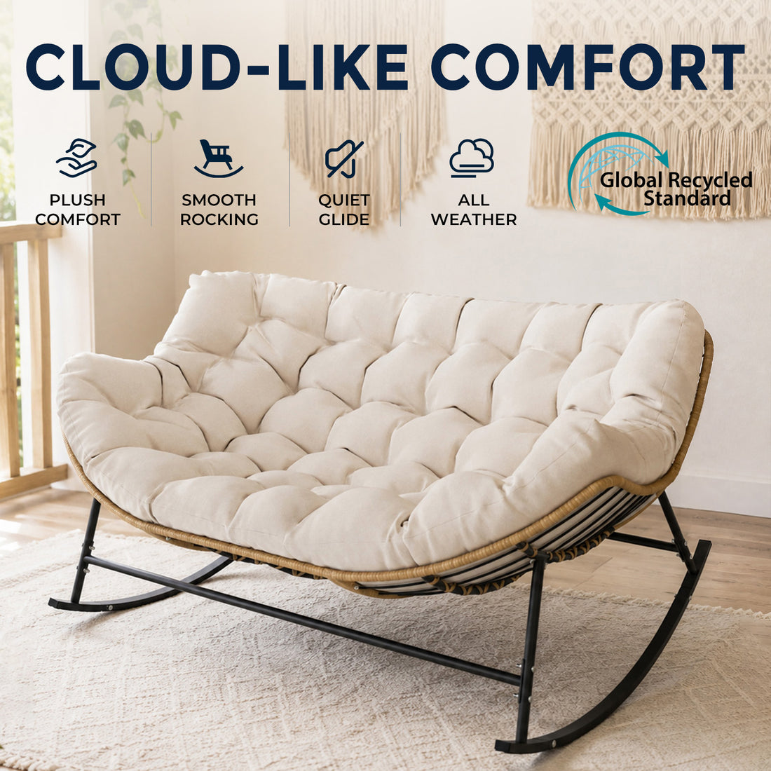 Double Outdoor Papasan Rocking Chair with Thick Cushion, Khaki Oversized 2-Person Rocking Loveseat with Plush Cushion, Outdoor Cozy Rocker Sofa for Patio, Porch or Balcony
