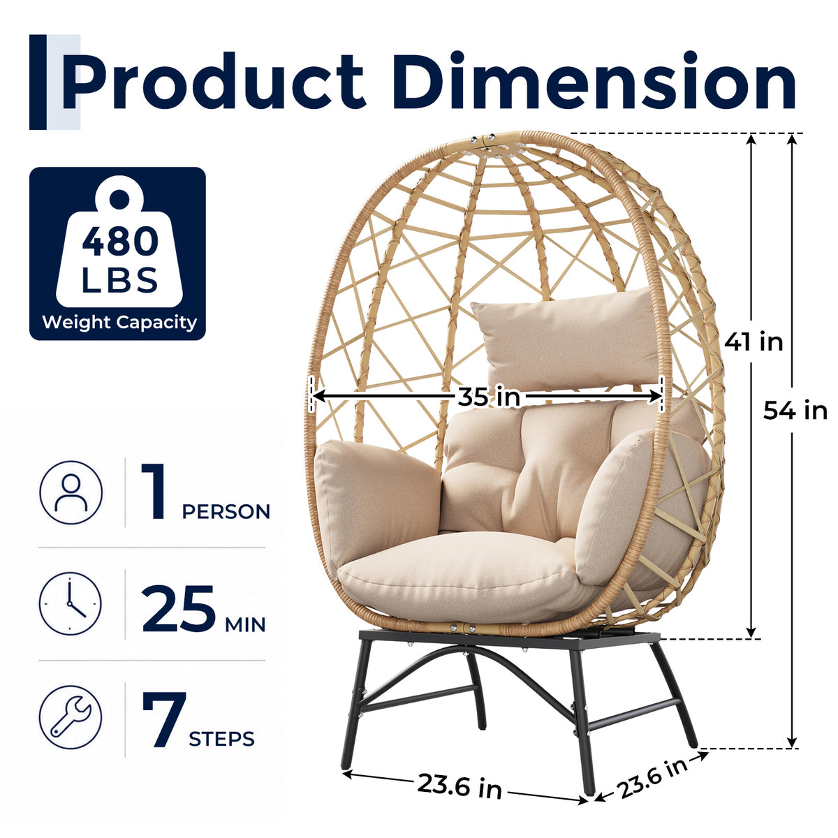 Outdoor Wicker Egg Chair with Cushion, Patio Lounge Chair, Beige Oversized Boho Rattan Sun Lounger, Comfy Reclining Lounge for Balcony, Porch, Backyard & Indoor Bedroom, 480 LBS Capacity