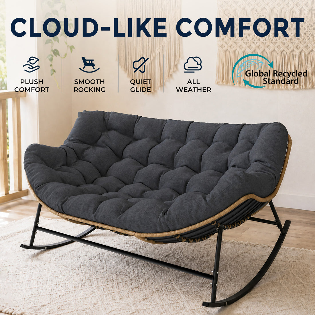 Double Outdoor Papasan Rocking Chair with Thick Cushion, Dark Grey Oversized 2-Person Rocking Loveseat with Plush Cushion, Outdoor Cozy Rocker Sofa for Patio, Porch or Balcony