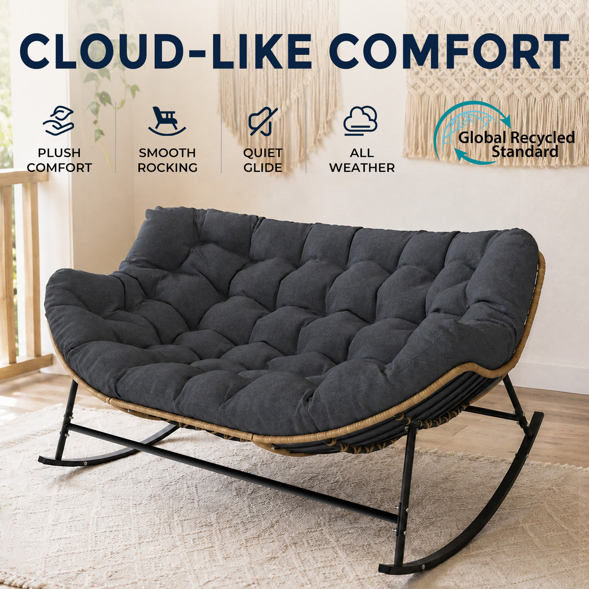 Double Outdoor Papasan Rocking Chair with Thick Cushion, Dark Grey Oversized 2-Person Rocking Loveseat with Plush Cushion, Outdoor Cozy Rocker Sofa for Patio, Porch or Balcony