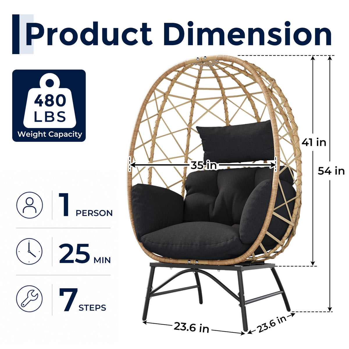 Outdoor Wicker Egg Chair with Cushion, Patio Lounge Chair, Black Oversized Boho Rattan Sun Lounger, Comfy Reclining Lounge for Balcony, Porch, Backyard & Indoor Bedroom, 480 LBS Capacity