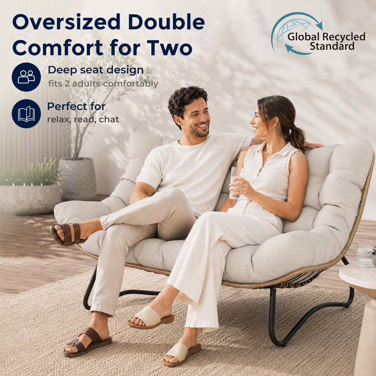 Outdoor Patio Loveseat, Double Papasan Chair with Cushion, Khaki All-Weather PE Wicker Outdoor Sofa, Boho 2 Seat Patio Couch with 700LBS Capacity for Balcony, Porch, Deck and Backyard