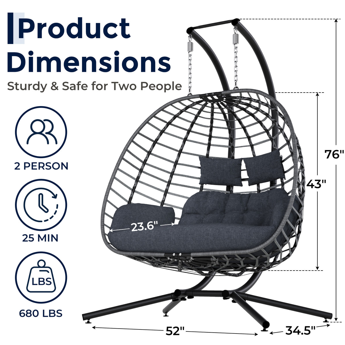 Double Egg Chair Outdoor with Stand, Patio Hanging Swing, Grey Indoor 2 Person Egg Swinging with Cushion, Wicker Loveseat for Porch Balcony Backyard, Cozy Hammock Chairs 680 LBS Capaticy
