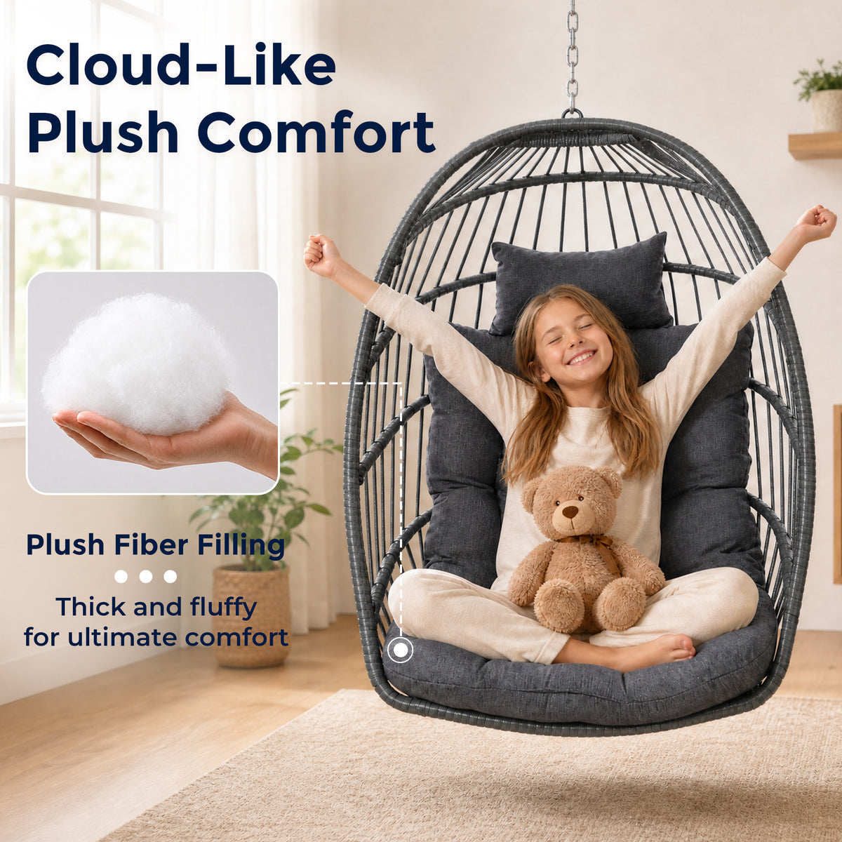 SWITTE Egg Chair Outdoor with Stand, Indoor Wicker Hanging Egg Swing, Grey Patio Swinging Chair with Thick Cushion, Egg Shaped Swing for Bedroom Porch Balcony, Rattan Hammock Chairs 370 LBS Capacity