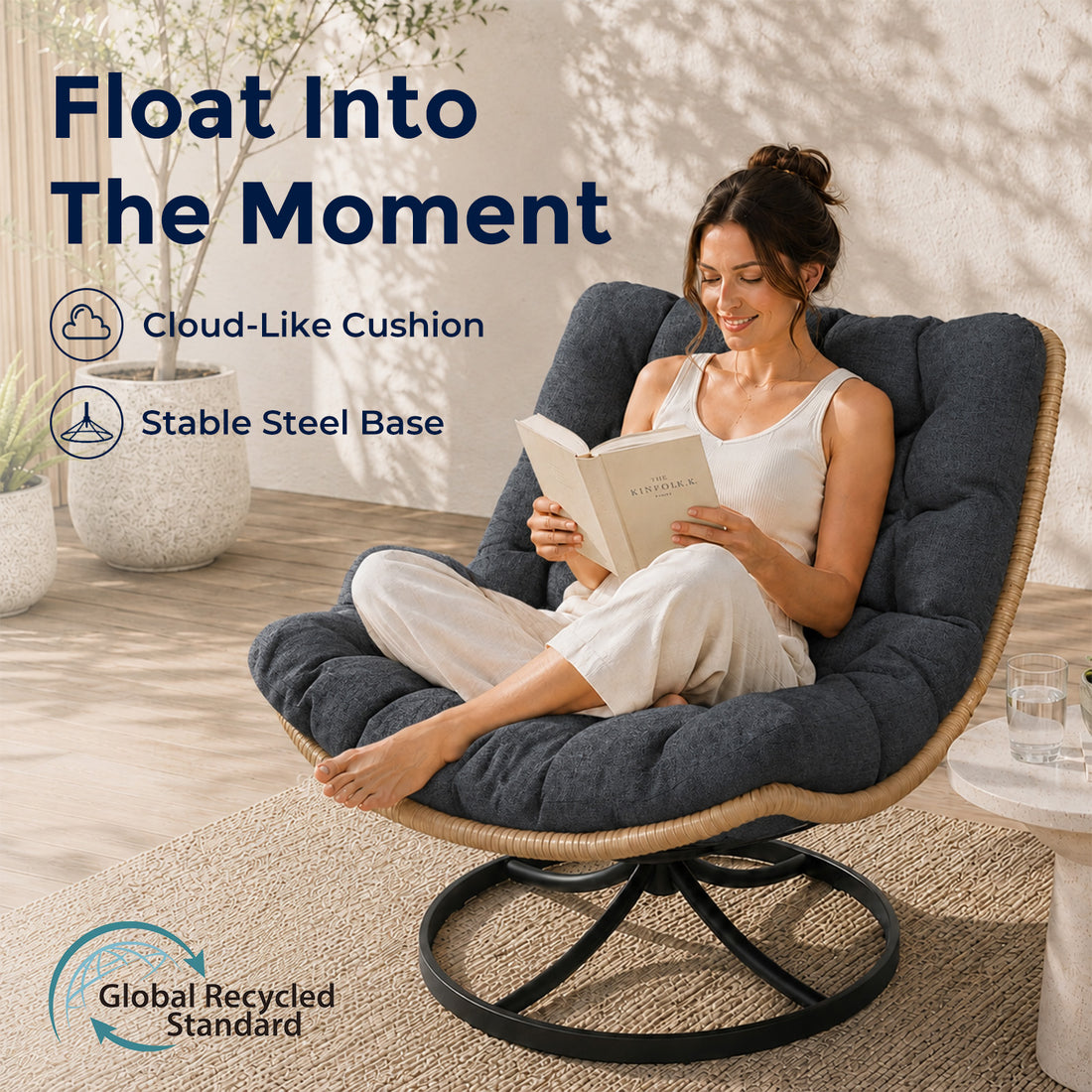 SWITTE Outdoor Wicker Swivel Chair, 360° Rotating Patio Chair, Charcoal Comfy Rattan Swivel Papasan Chair with Thick Cushion, Oversized Egg Rocking Chair Stable Steel Base for Balcony, Porch, Lawn