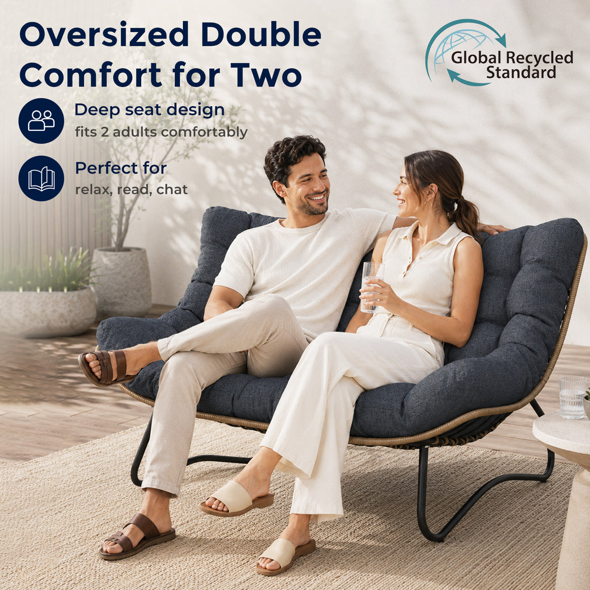 Outdoor Patio Loveseat, Double Papasan Chair with Cushion, Charcoal All-Weather PE Wicker Outdoor Sofa, Boho 2 Seat Patio Couch with 700LBS Capacity for Balcony, Porch, Deck and Backyard
