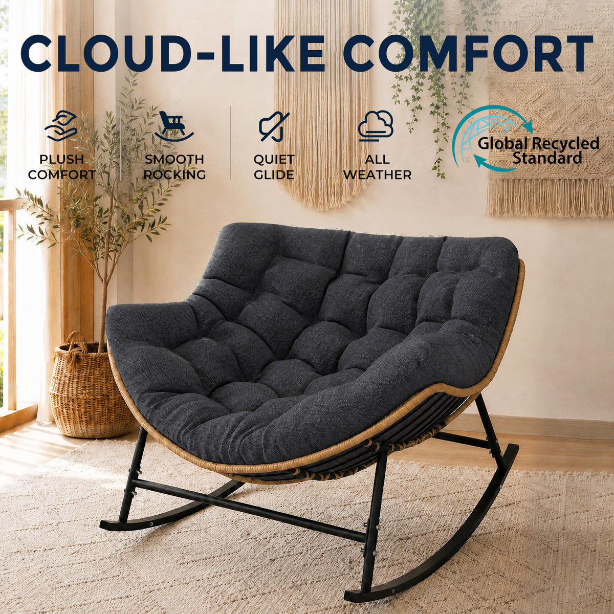 Outdoor Papasan Rocking Chair with Thick Cushion, Dark Grey Oversized Wicker Lounge Rocker with Comfy Cushion, Zero-Pressure Square Steel Frame for Patio, Porch or Indoor Relaxation