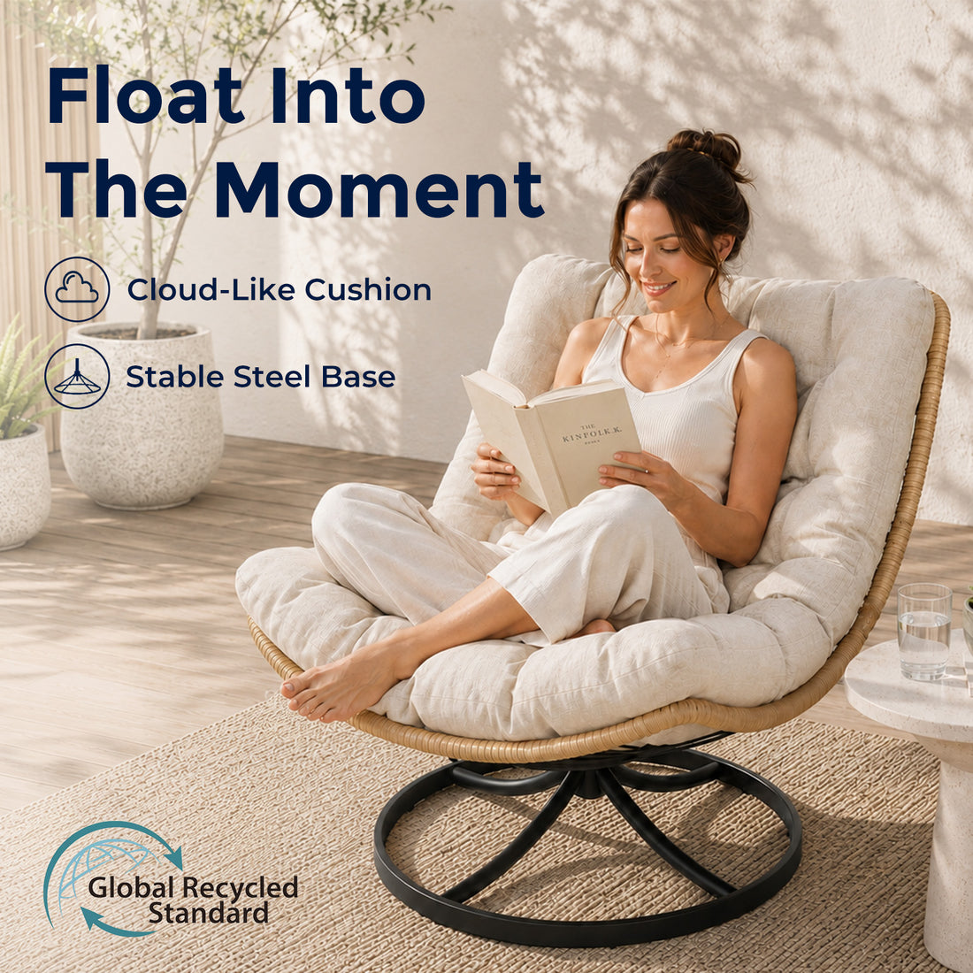 Outdoor Wicker Swivel Chair, 360° Rotating Patio Chair, Oatmeal Comfy Rattan Swivel Papasan Chair with Thick Cushion, Oversized Egg Rocking Chair Stable Steel Base for Balcony, Porch, Lawn