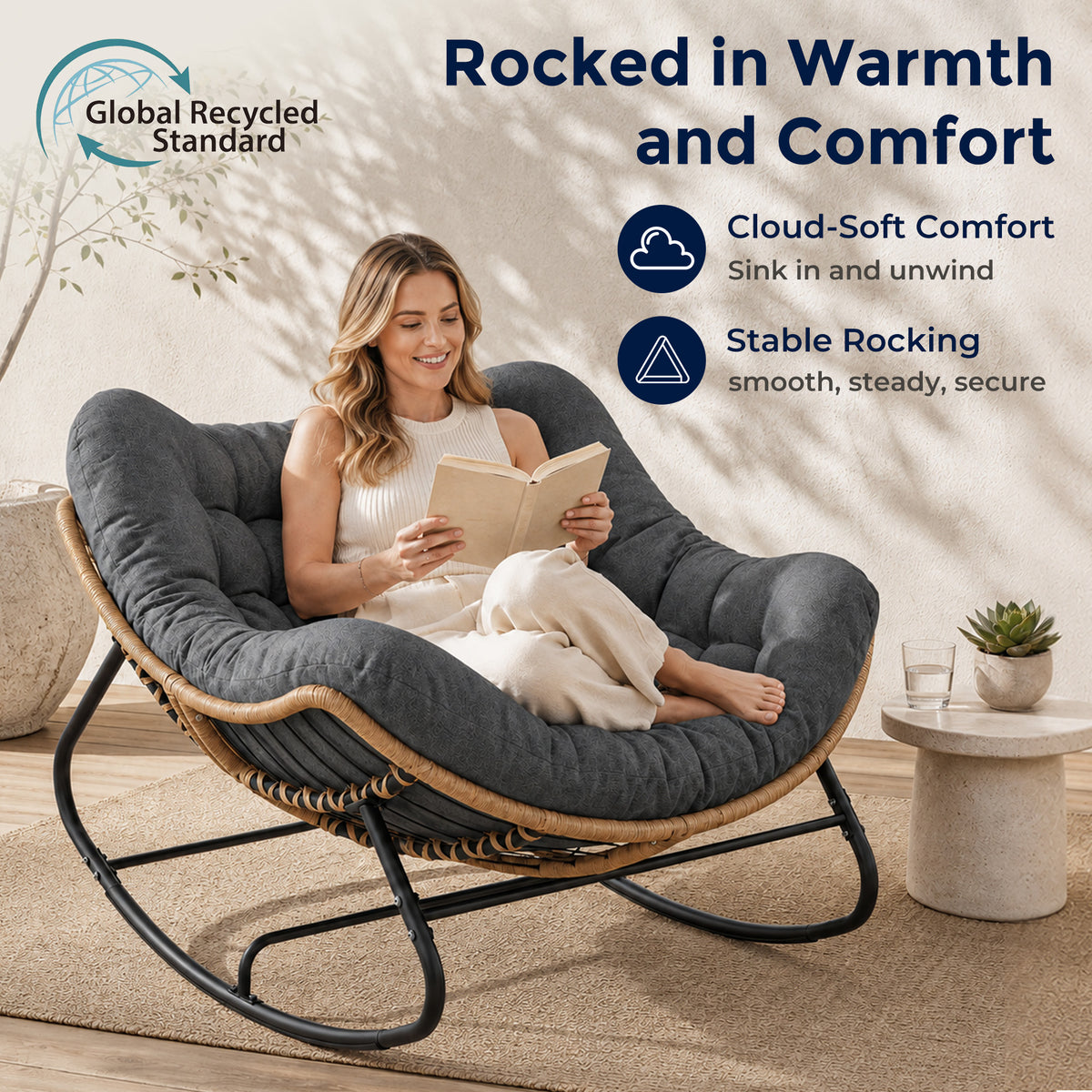 Papasan Rocking Chair, Outdoor Wicker Egg Rocker with Cushion, Grey Comfy Oversized Reading Chair, Cozy 30°-Rock Bed with 6" Cushion, Steel Frame 450LBS Capacity for Patio Porch Lawn