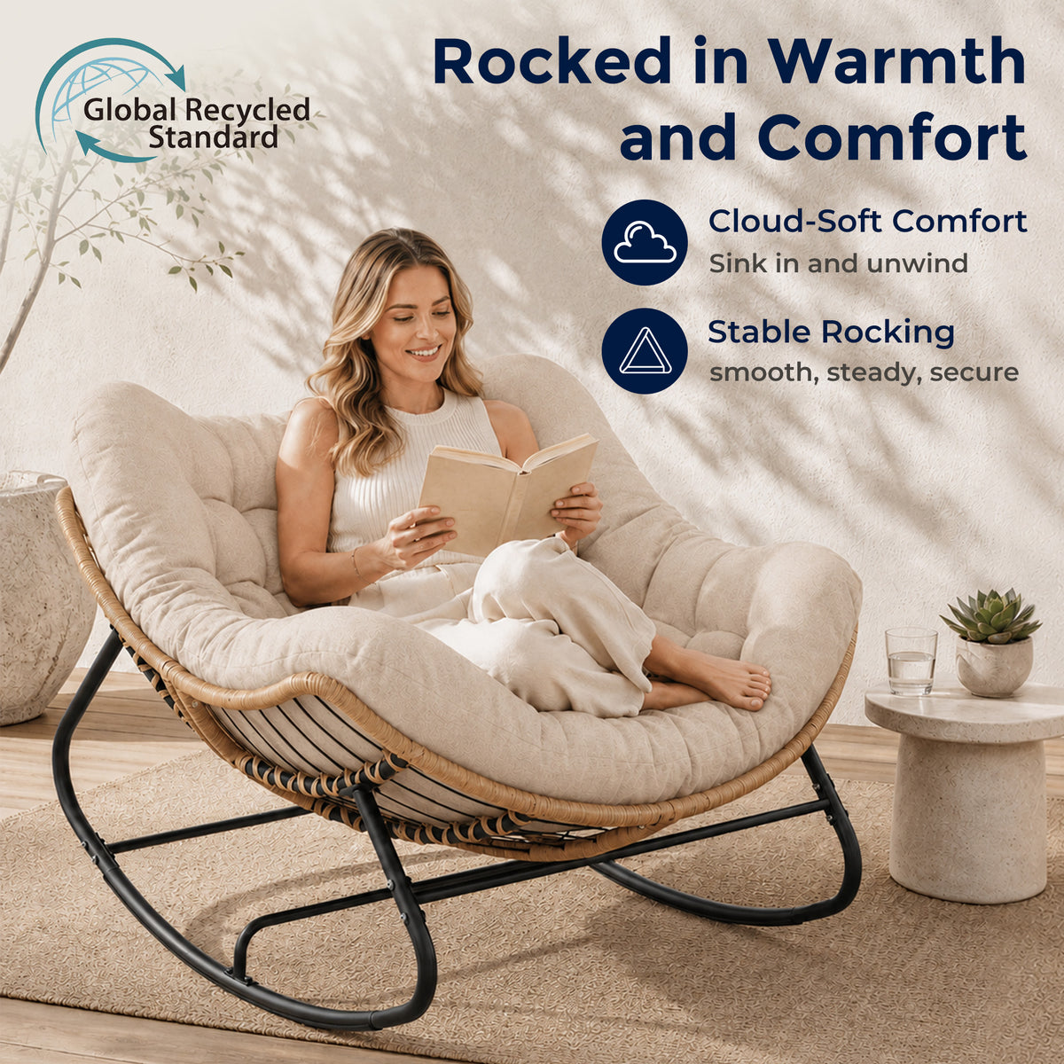 Papasan Rocking Chair, Outdoor Wicker Egg Rocker with Cushion, Ivory Oversized Modern Wicker Lounge Rocker with Comfy Cushion, Cozy Egg Chair Steel Frame for Patio, Porch,or Indoor Reading Nook