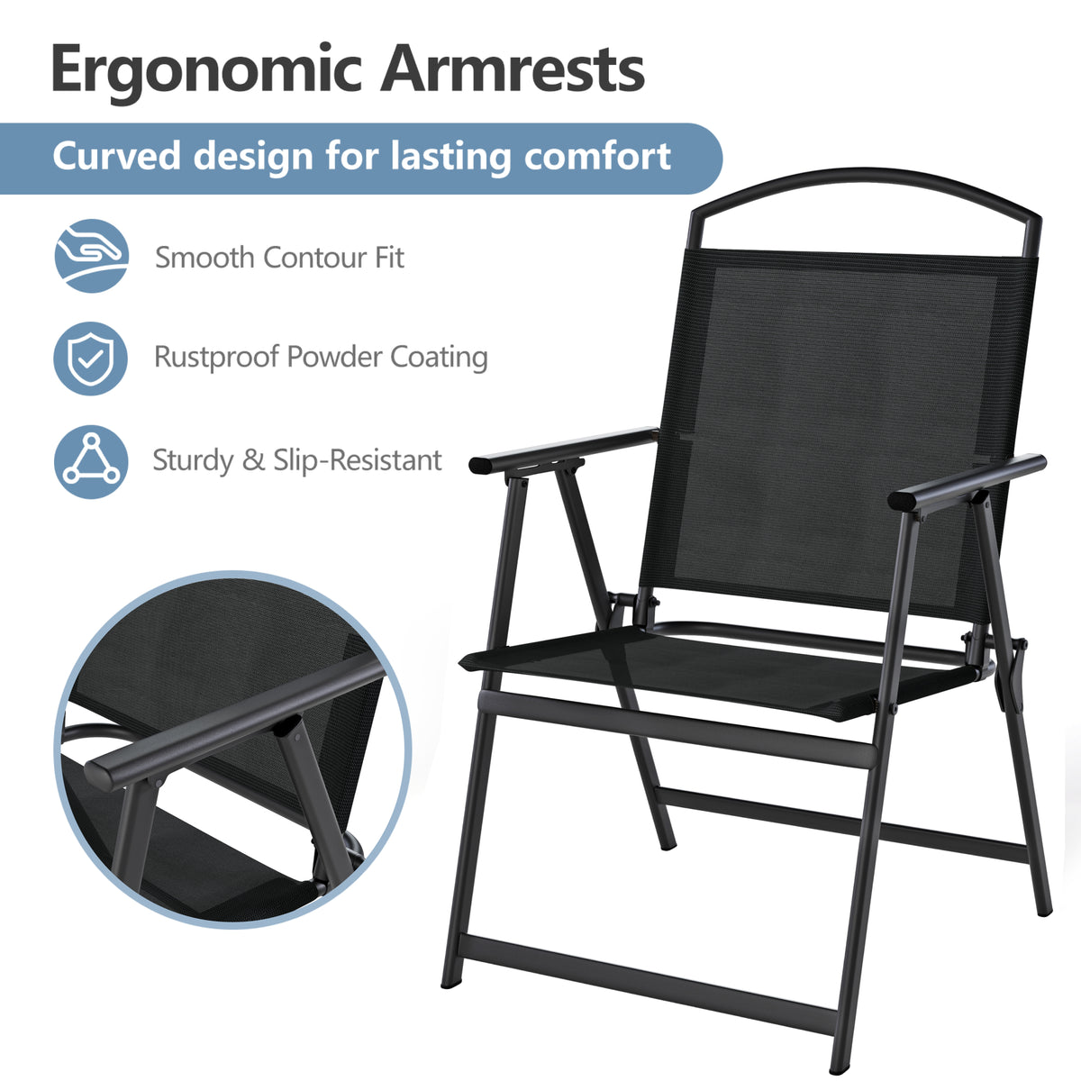 Outdoor Patio Chairs Set of 2, Folding Lawn Chairs, Black Foldable Lightweight Dining Chairs with Armrests & Back Support, Breathable Textilene & Metal Frame for Deck, Lawn, Camping