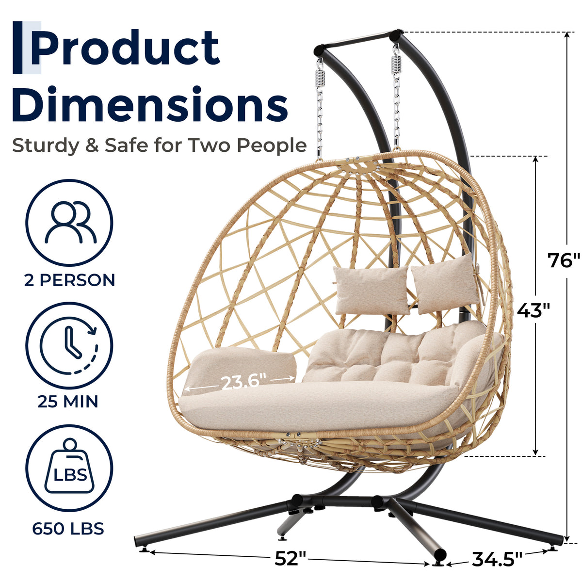 Outdoor Double Hanging Egg Swing Chair with Stand & Cushion, Beige 2 Person Wicker Swinging Egg Chair, Patio Loveseat for Porch Balcony Backyard, Indoor Hammock Chairs 650 LBS Capaticy