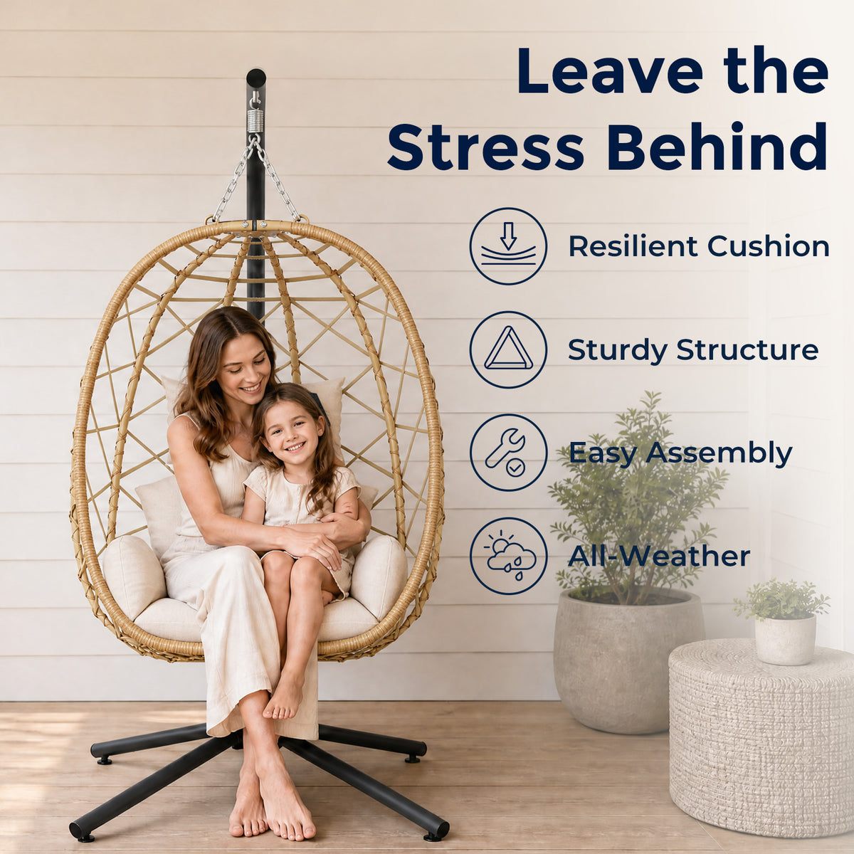 Outdoor Hanging Egg Chair with Stand, Wicker Patio Swing, Cream Indoor Comfy Swinging Chair with Cushion, 400 LBS Capacity, Heavy Duty Egg Shaped Hammock Chairs for Outside Porch, Bedroom