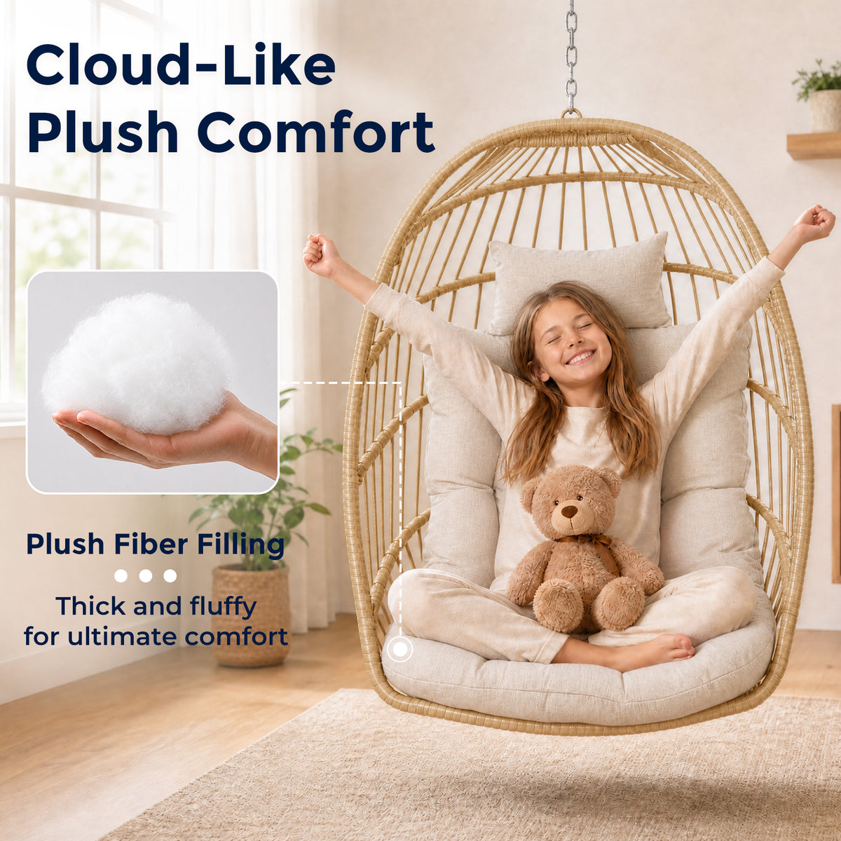Egg Chair Outdoor with Stand, Indoor Wicker Hanging Egg Swing, Cream Patio Swinging Chair with Thick Cushion, Egg Shaped Swing for Bedroom Porch Balcony, Rattan Hammock Chairs 370 LBS Capacity