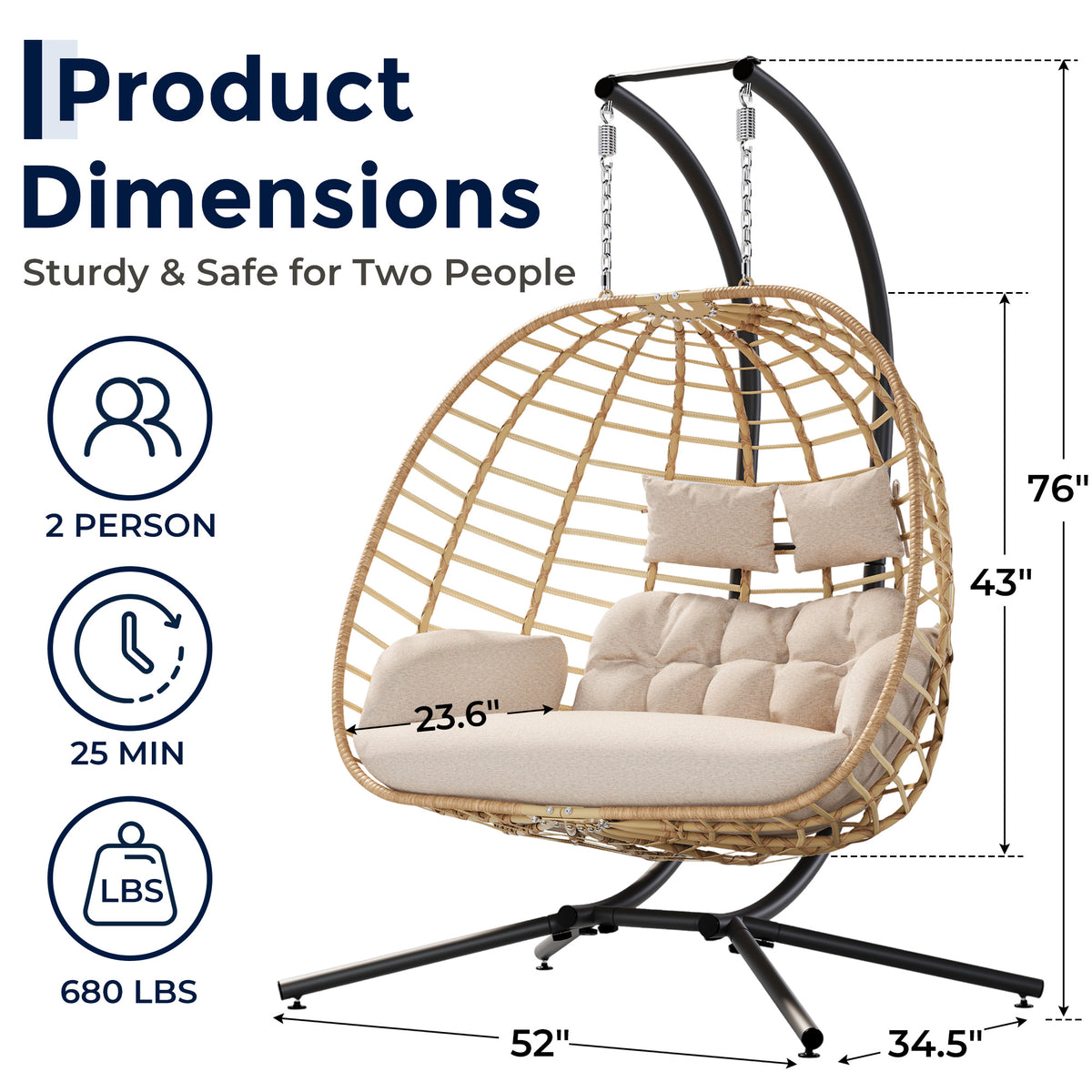 Double Egg Chair Outdoor with Stand, Patio Hanging Swing, Beige Indoor 2 Person Egg Swinging with Cushion, Wicker Loveseat for Porch Balcony Backyard, Cozy Hammock Chairs 680 LBS Capaticy